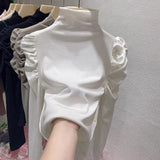New Half Turtleneck Bottom Top Solid Color Bubble Sleeve Long Sleeve T-shirt Woman - Zeprah
