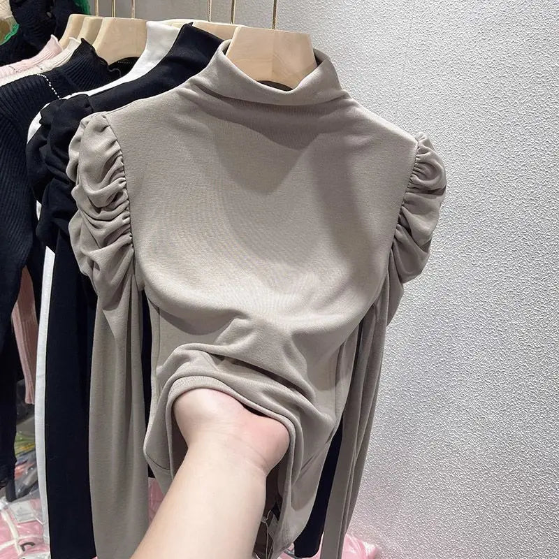 New Half Turtleneck Bottom Top Solid Color Bubble Sleeve Long Sleeve T-shirt Woman - Zeprah