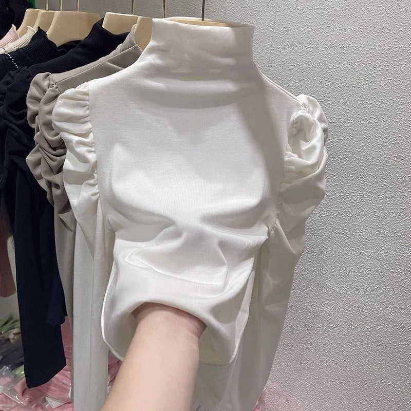 New Half Turtleneck Bottom Top Solid Color Bubble Sleeve Long Sleeve T-shirt Woman - Zeprah
