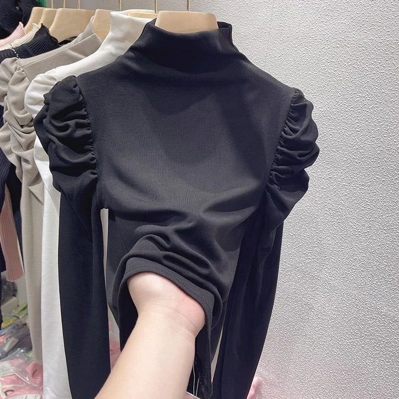 New Half Turtleneck Bottom Top Solid Color Bubble Sleeve Long Sleeve T-shirt Woman - Zeprah