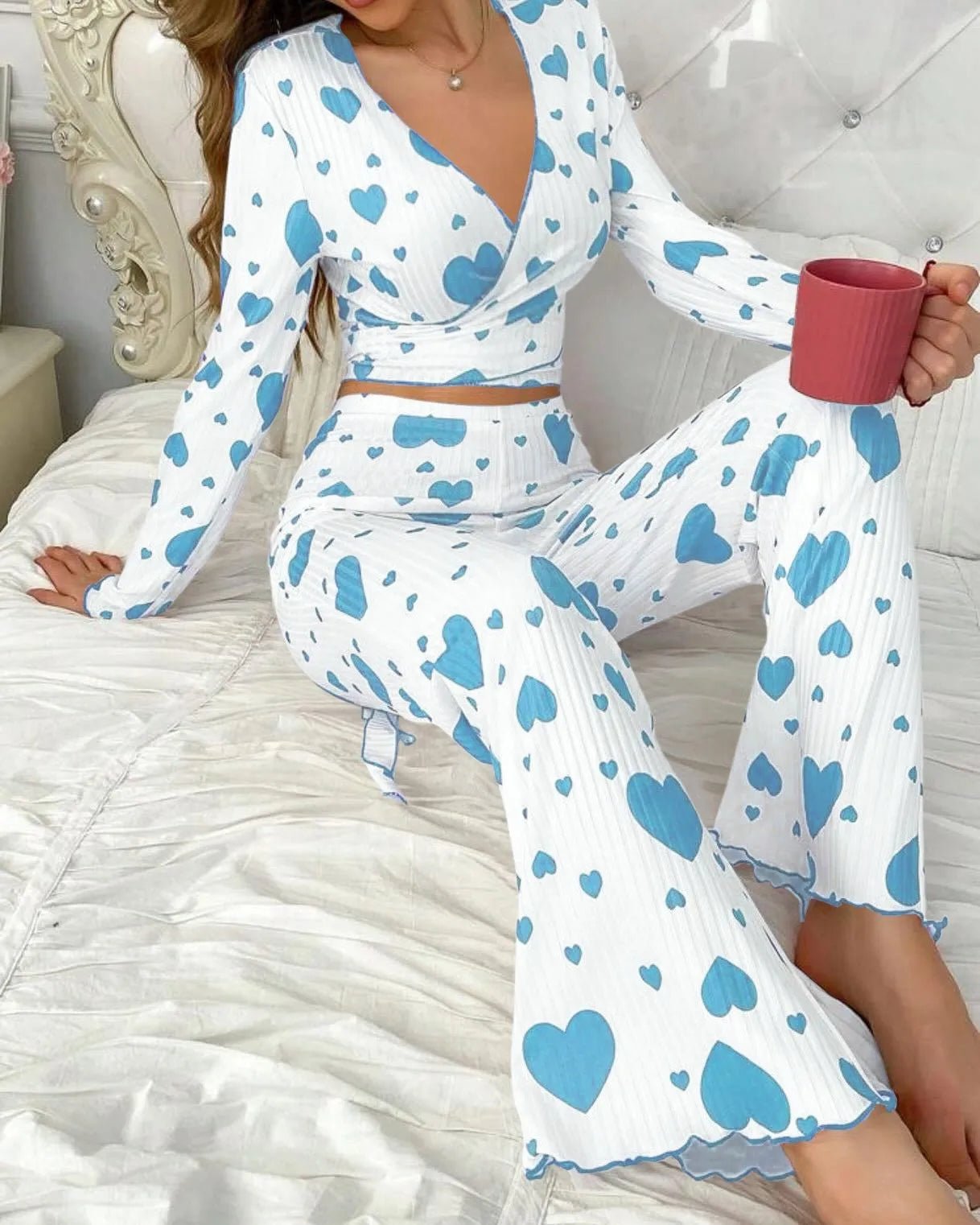 New Heart Pattern Homewear Set Long Pants Soft Skin - Friendly Comfortable Women's Pajamas Elastic Waist Autumn - Zeprah