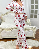 New Heart Pattern Homewear Set Long Pants Soft Skin - Friendly Comfortable Women's Pajamas Elastic Waist Autumn - Zeprah