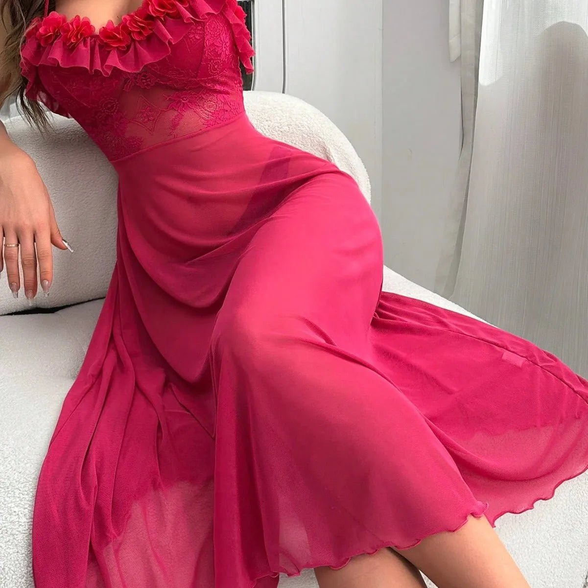 New Home Fun Strap Long Nightgown with Three - Dimensional Lace Solid Color Elegant Autumn Off - The - Shoulder Girly Style - Zeprah
