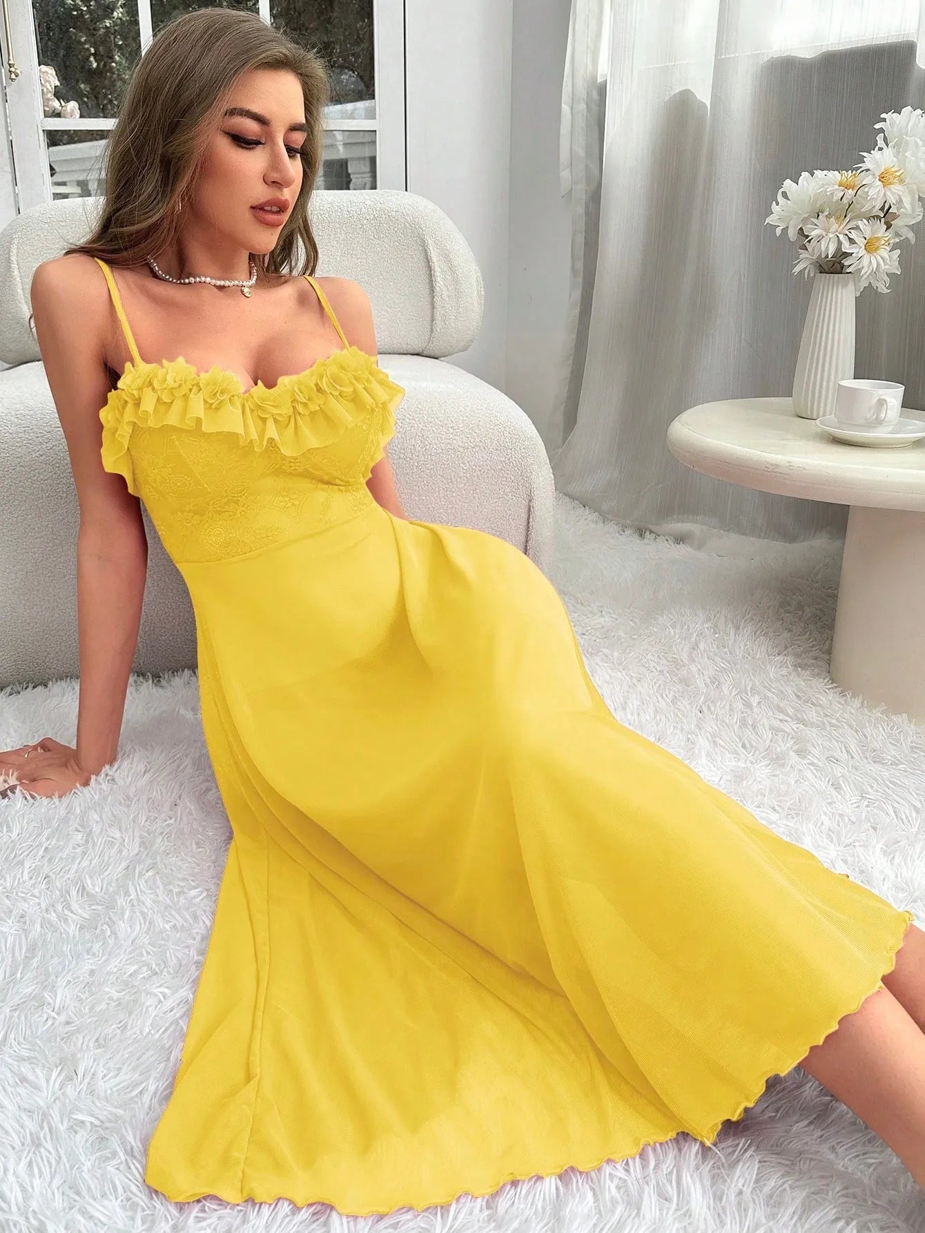 New Home Fun Strap Long Nightgown with Three - Dimensional Lace Solid Color Elegant Autumn Off - The - Shoulder Girly Style - Zeprah