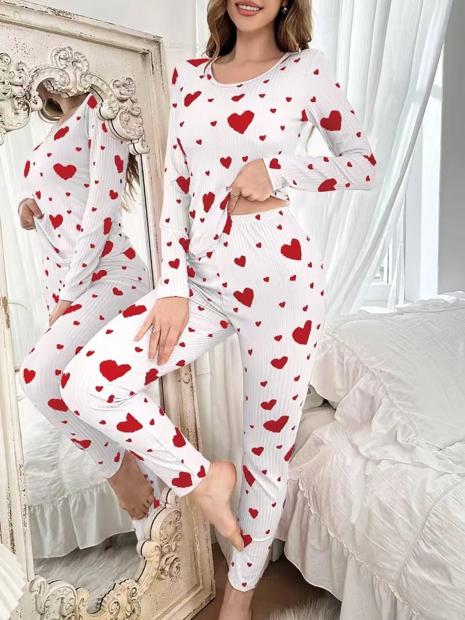 New Home Wear Set Heart Print Long - Sleeved Pants Set European and American Best - Selling Women's Pajamas - Zeprah