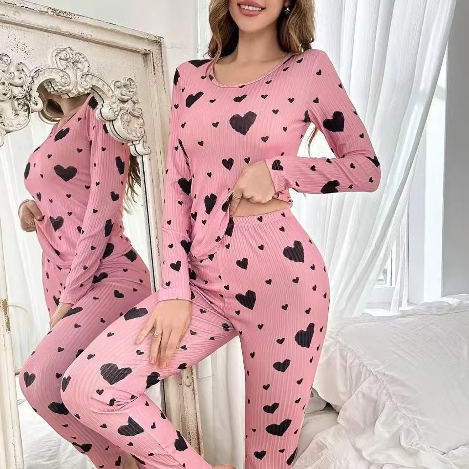 New Home Wear Set Heart Print Long - Sleeved Pants Set European and American Best - Selling Women's Pajamas - Zeprah