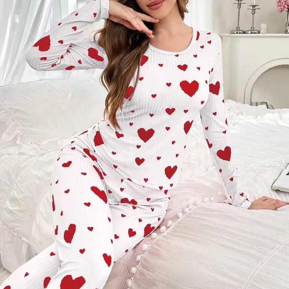 New Home Wear Set Heart Print Long - Sleeved Pants Set European and American Best - Selling Women's Pajamas - Zeprah