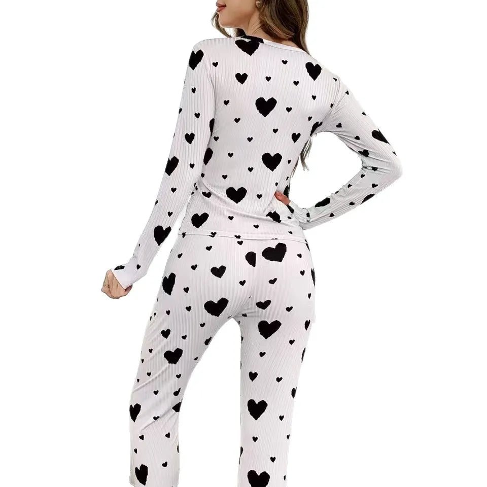 New Home Wear Set Heart Print Long - Sleeved Pants Set European and American Best - Selling Women's Pajamas - Zeprah