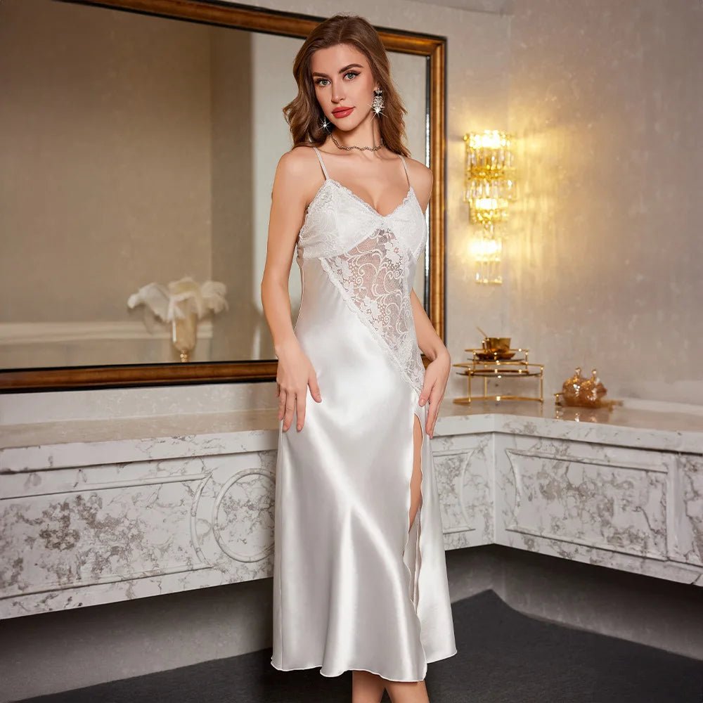 New Ice Silk Sexy Pajamas Women's Spring Lace Long Strappy Nightgown - Zeprah