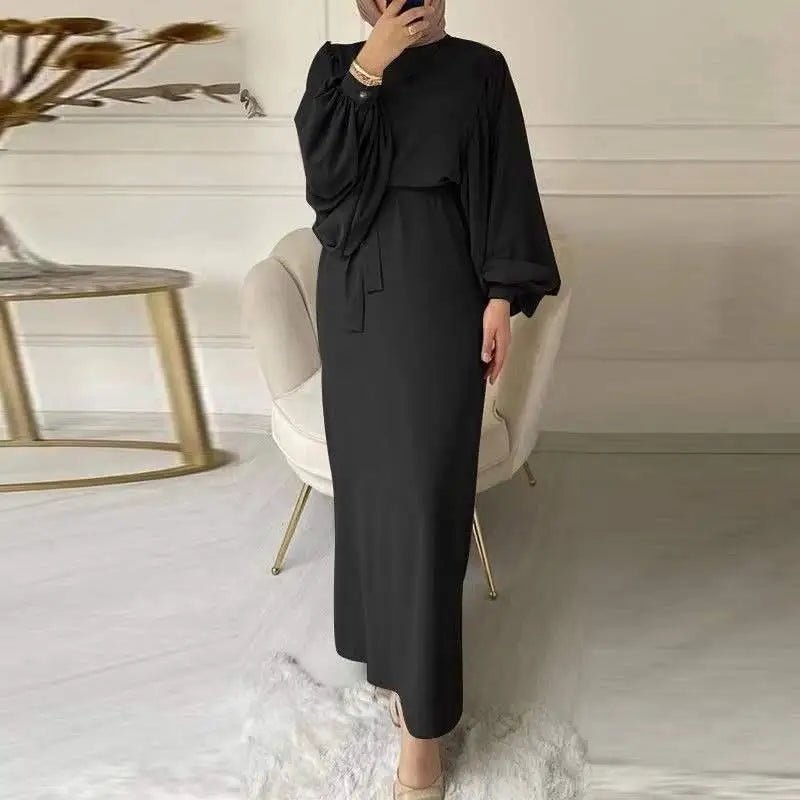 New Lantern Sleeve Bundle Waist Pack Hip Abayas Round Neck Muslim Women's Dress - Zeprah