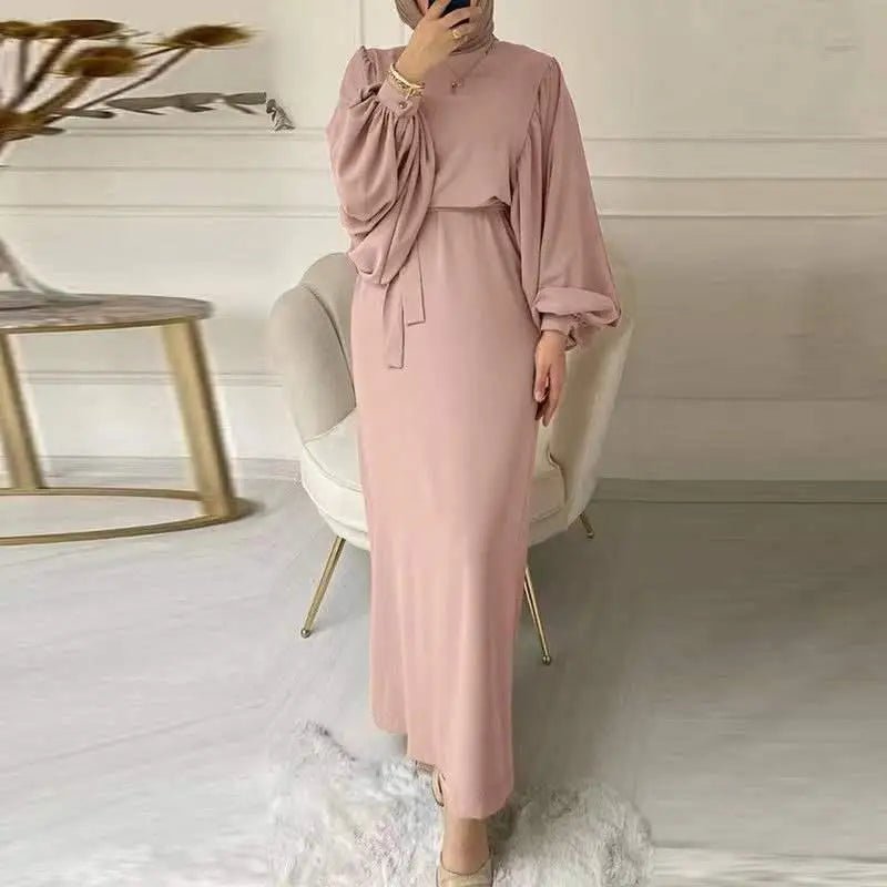 New Lantern Sleeve Bundle Waist Pack Hip Abayas Round Neck Muslim Women's Dress - Zeprah