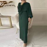 New Lantern Sleeve Bundle Waist Pack Hip Abayas Round Neck Muslim Women's Dress - Zeprah