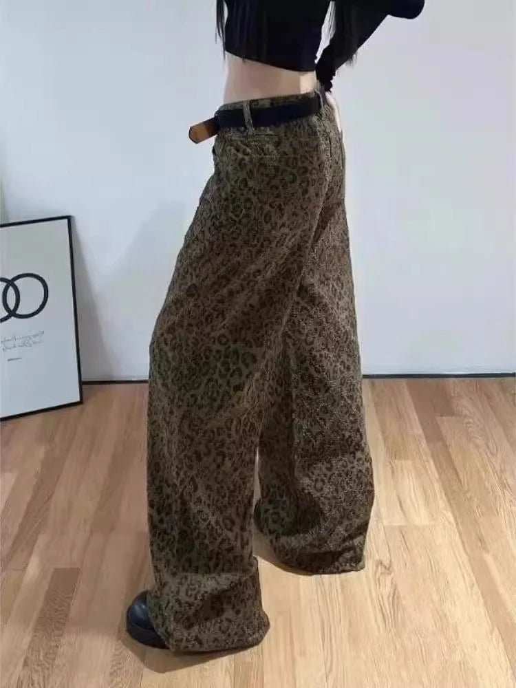 New Leopard Print High - Waisted Denim Pants Women's Retro Casual Long Pants Jeans - Zeprah