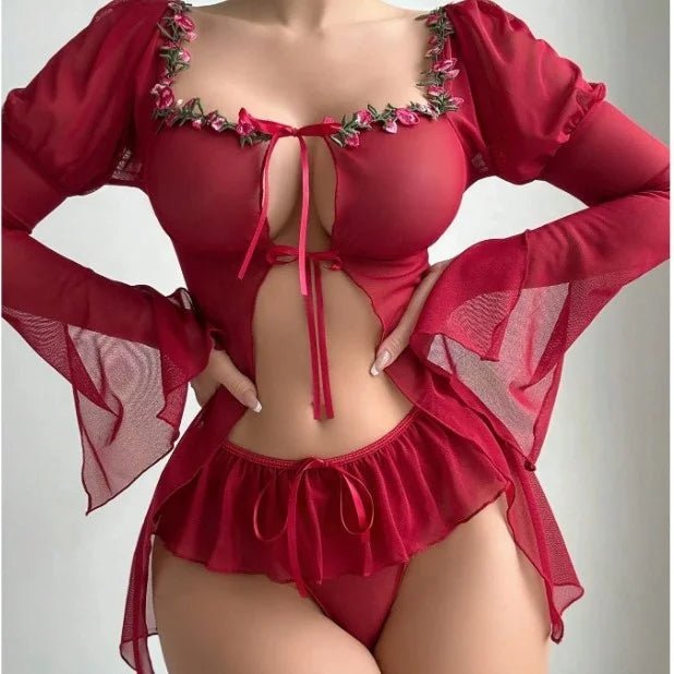 New Long Sleeve Cardigan Small Chest Gathering Sexy Big Red Sexy Underwear Spice Girls Split Skirt Bikini Sexy - Zeprah