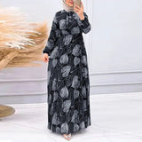 New Middle East Dubai Women's Leaf Print Pleated Waist Muslim Dress - Zeprah