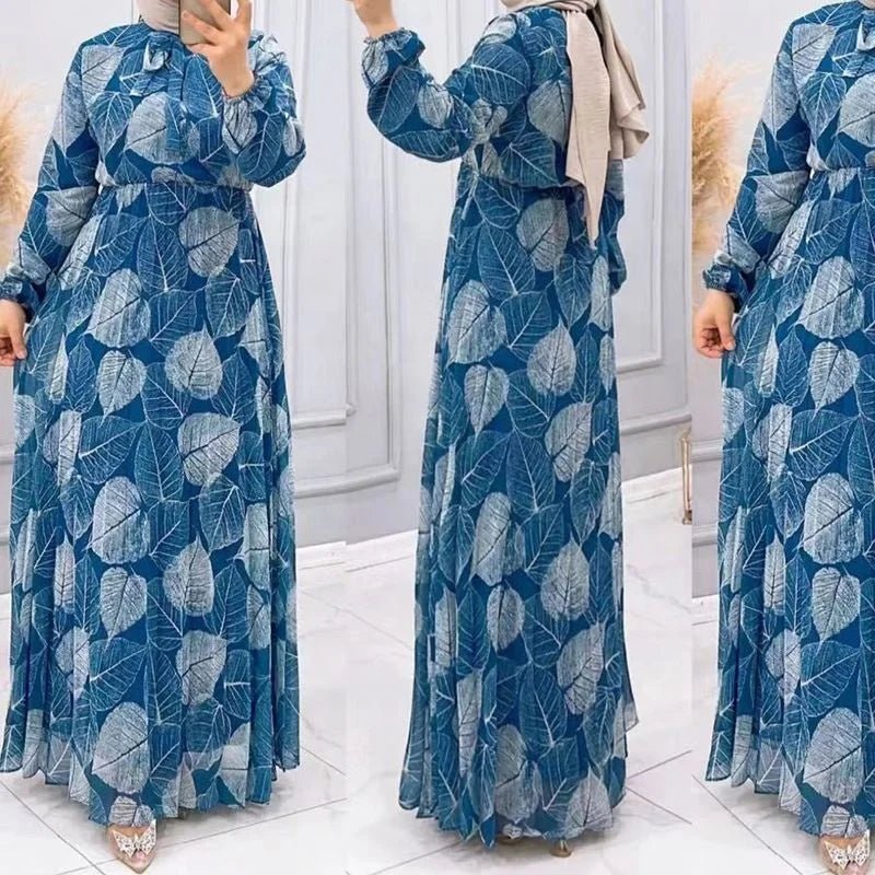New Middle East Dubai Women's Leaf Print Pleated Waist Muslim Dress - Zeprah