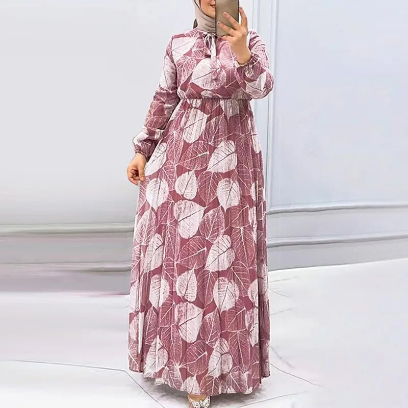 New Middle East Dubai Women's Leaf Print Pleated Waist Muslim Dress - Zeprah