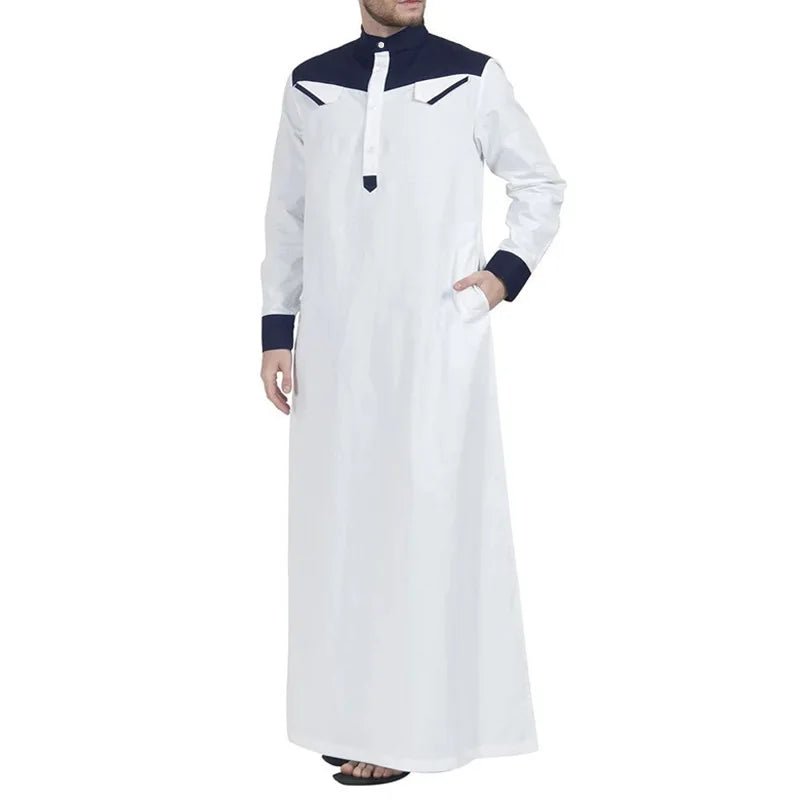 New Muslim Arabic Men Clothing Loose Stand Collar Patchwork Long Sleeves Abaya Robe Middle East Islamic Dubai Thobe - Zeprah