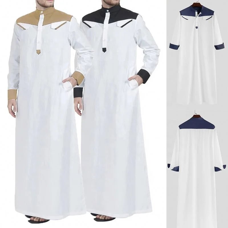 New Muslim Arabic Men Clothing Loose Stand Collar Patchwork Long Sleeves Abaya Robe Middle East Islamic Dubai Thobe - Zeprah