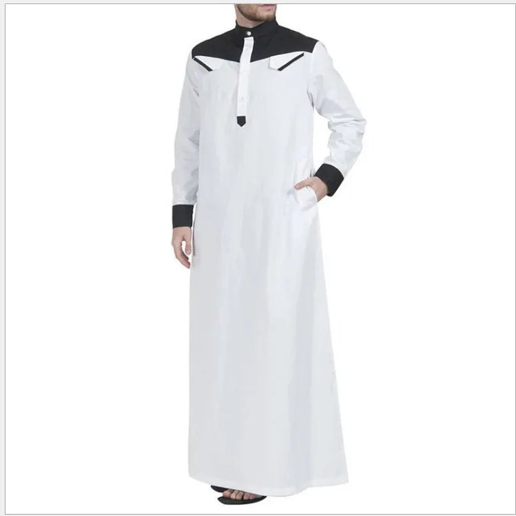 New Muslim Arabic Men Clothing Loose Stand Collar Patchwork Long Sleeves Abaya Robe Middle East Islamic Dubai Thobe - Zeprah