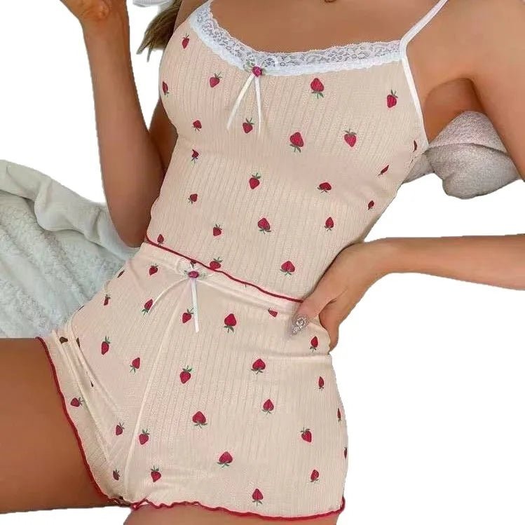 New Printed Large Pit Striped Summer Women's Drawstring Set Shorts Strawberry Printed Two - piece Lace Set - Zeprah