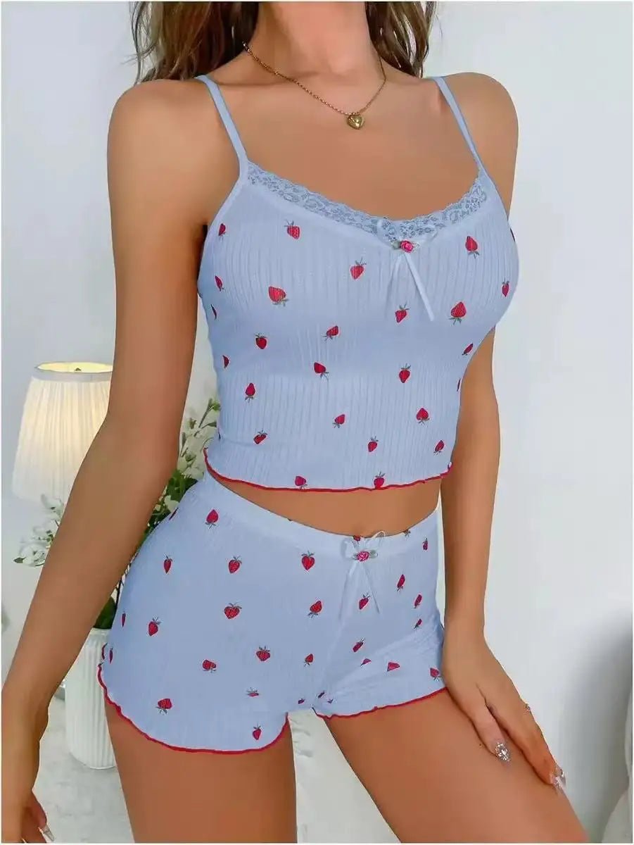 New Printed Large Pit Striped Summer Women's Drawstring Set Shorts Strawberry Printed Two - piece Lace Set - Zeprah