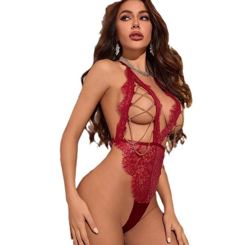 New Seductive One - piece Sexy Underwear Hot Metal Chain Hollow Sexy Perspective Lingerie - Zeprah