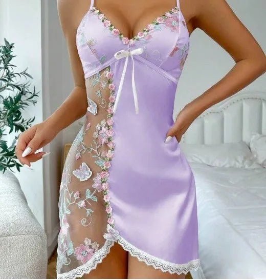 New Sexy Autumn Floral Embroidered Lace Sheer V - neck Strap Nightdress for Women Suit Style - Zeprah