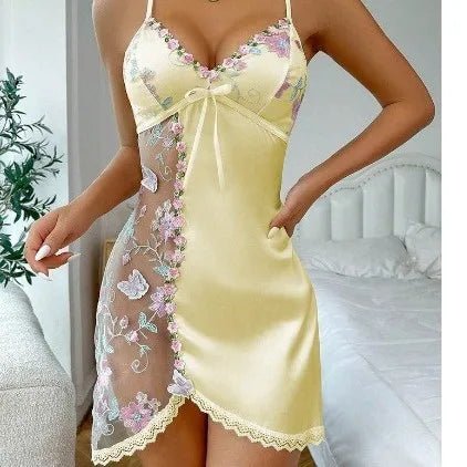 New Sexy Autumn Floral Embroidered Lace Sheer V - neck Strap Nightdress for Women Suit Style - Zeprah