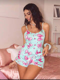 New Sexy European and American Summer Elastic Waist Pajamas Strappy Homewear Cherry Printed Two - piece Set - Zeprah