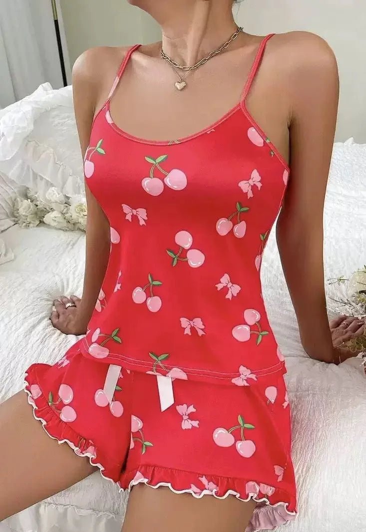 New Sexy European and American Summer Elastic Waist Pajamas Strappy Homewear Cherry Printed Two - piece Set - Zeprah