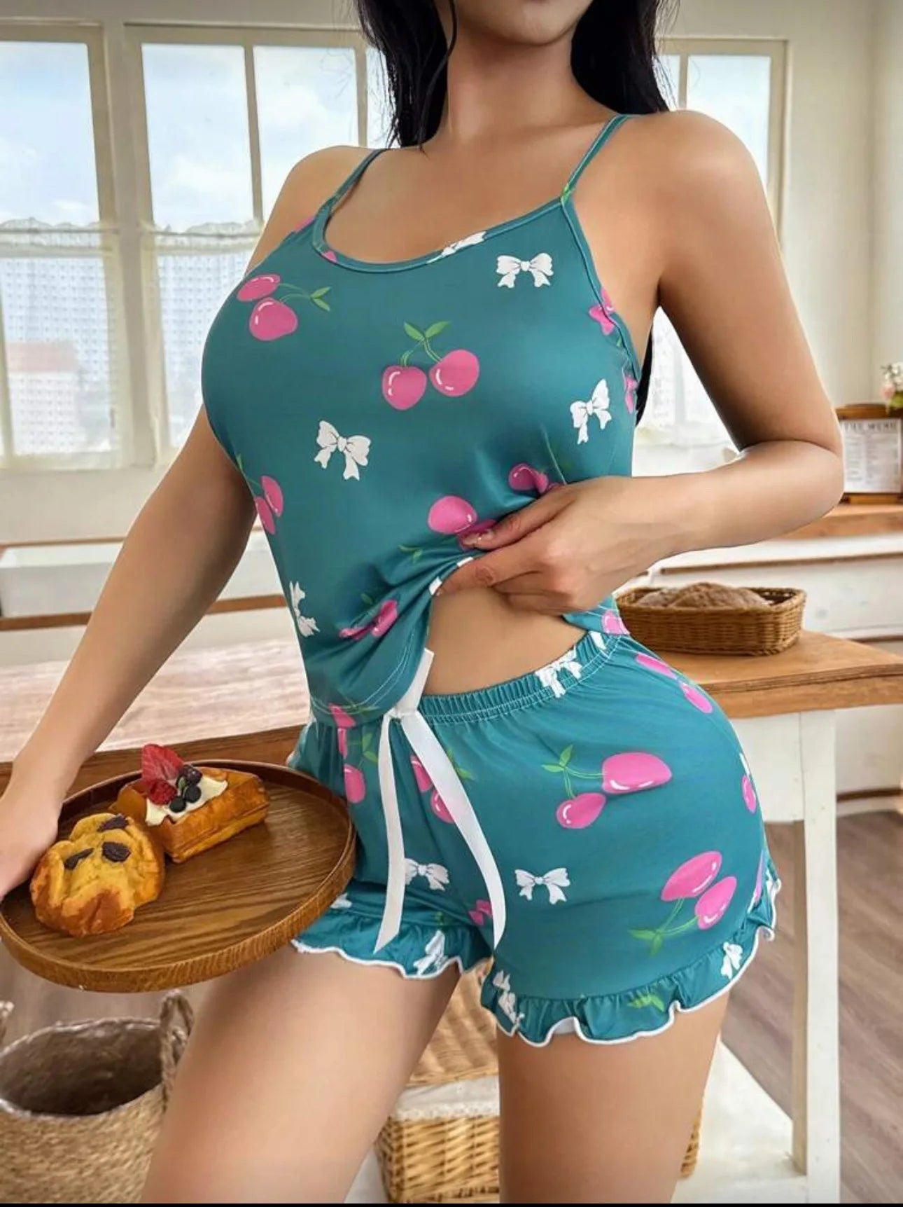 New Sexy European and American Summer Elastic Waist Pajamas Strappy Homewear Cherry Printed Two - piece Set - Zeprah