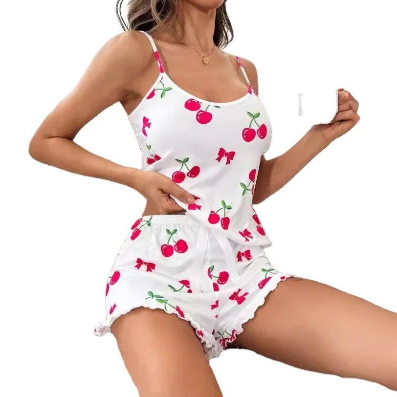 New Sexy European and American Summer Elastic Waist Pajamas Strappy Homewear Cherry Printed Two - piece Set - Zeprah