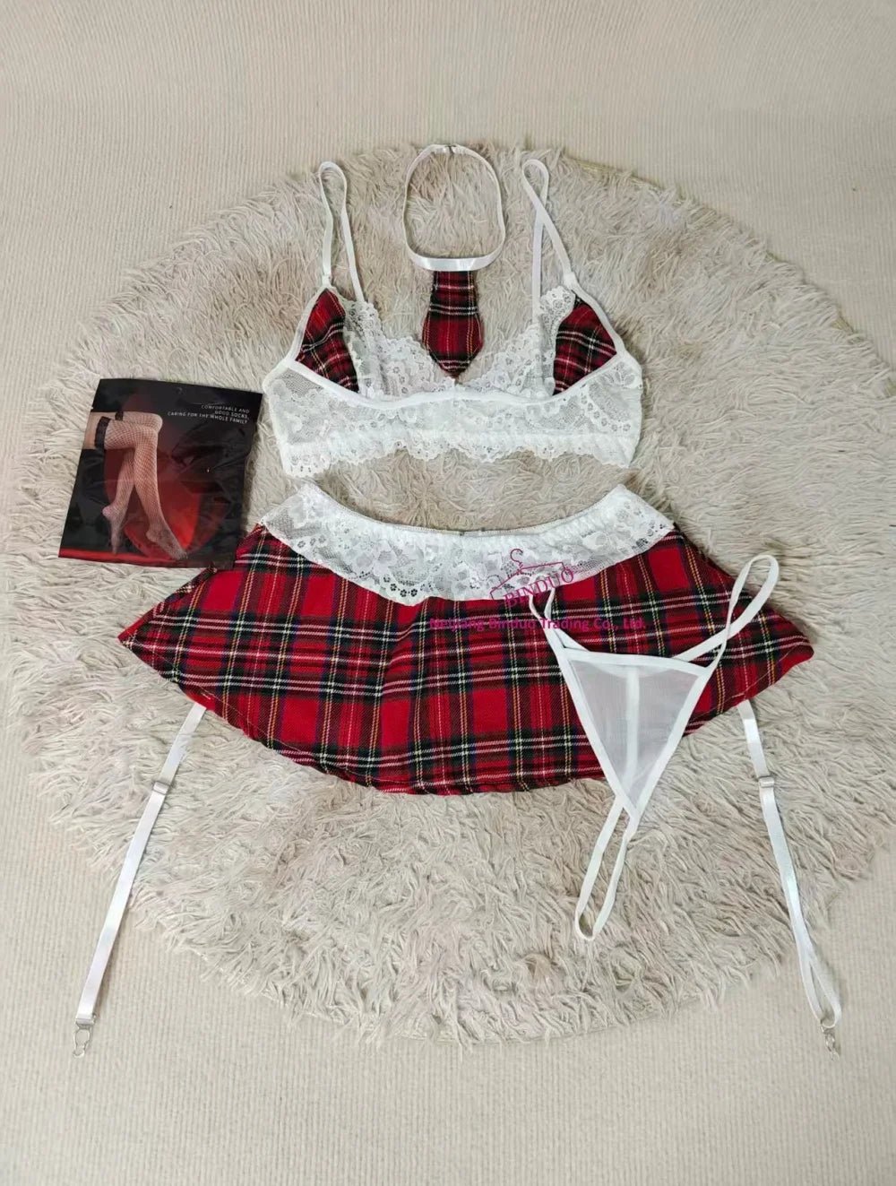New Sexy Hollow Lace Red Plaid Stitching with Suspenders Sexy Underwear Suit - Zeprah