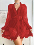 New Sexy Lingerie Nightgown Set for Women Summer Lace Elastic Waist Solid Robe Coat Homewear - Zeprah