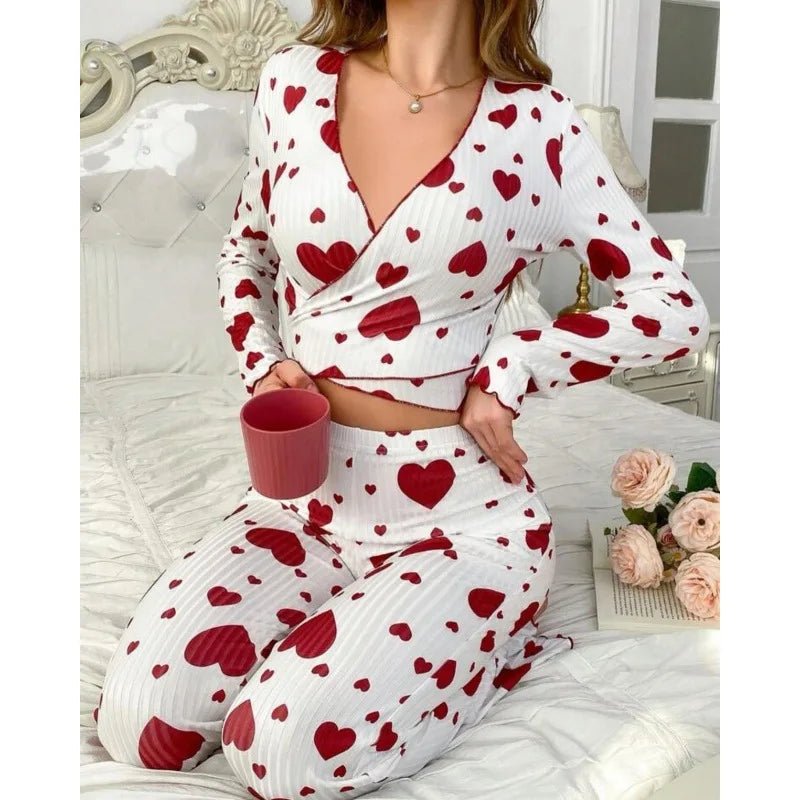 New Sexy Loungewear Set Heart Print Long - Sleeved Long Pants Pajamas Loungewear Can Be Worn Outside - Zeprah