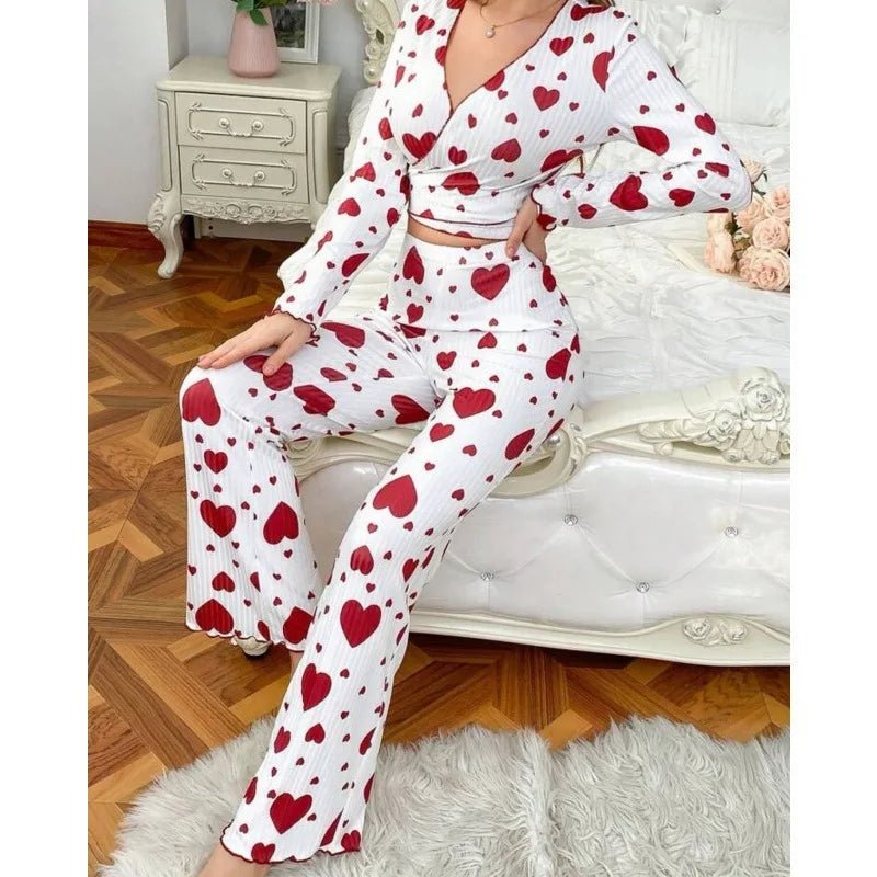 New Sexy Loungewear Set Heart Print Long - Sleeved Long Pants Pajamas Loungewear Can Be Worn Outside - Zeprah