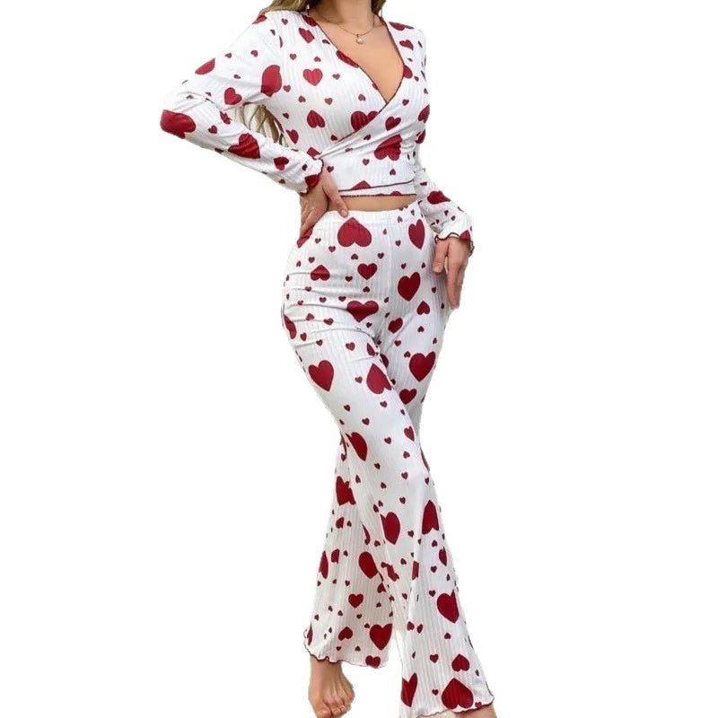 New Sexy Loungewear Set Heart Print Long - Sleeved Long Pants Pajamas Loungewear Can Be Worn Outside - Zeprah