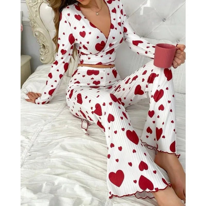 New Sexy Loungewear Set Heart Print Long - Sleeved Long Pants Pajamas Loungewear Can Be Worn Outside - Zeprah