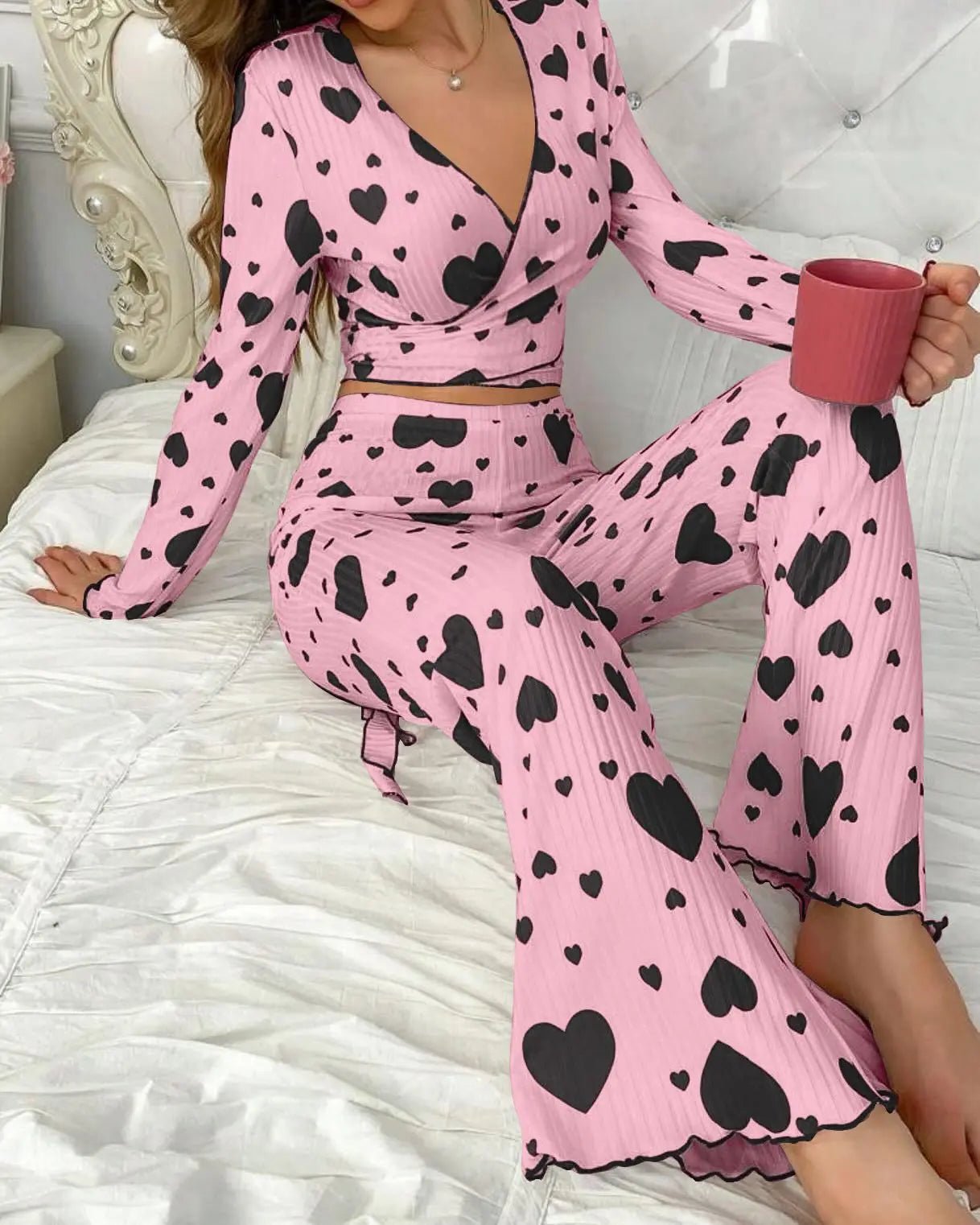 New Sexy Loungewear Set Heart Print Long - Sleeved Long Pants Pajamas Loungewear Can Be Worn Outside - Zeprah