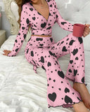 New Sexy Loungewear Set Heart Print Long - Sleeved Long Pants Pajamas Loungewear Can Be Worn Outside - Zeprah