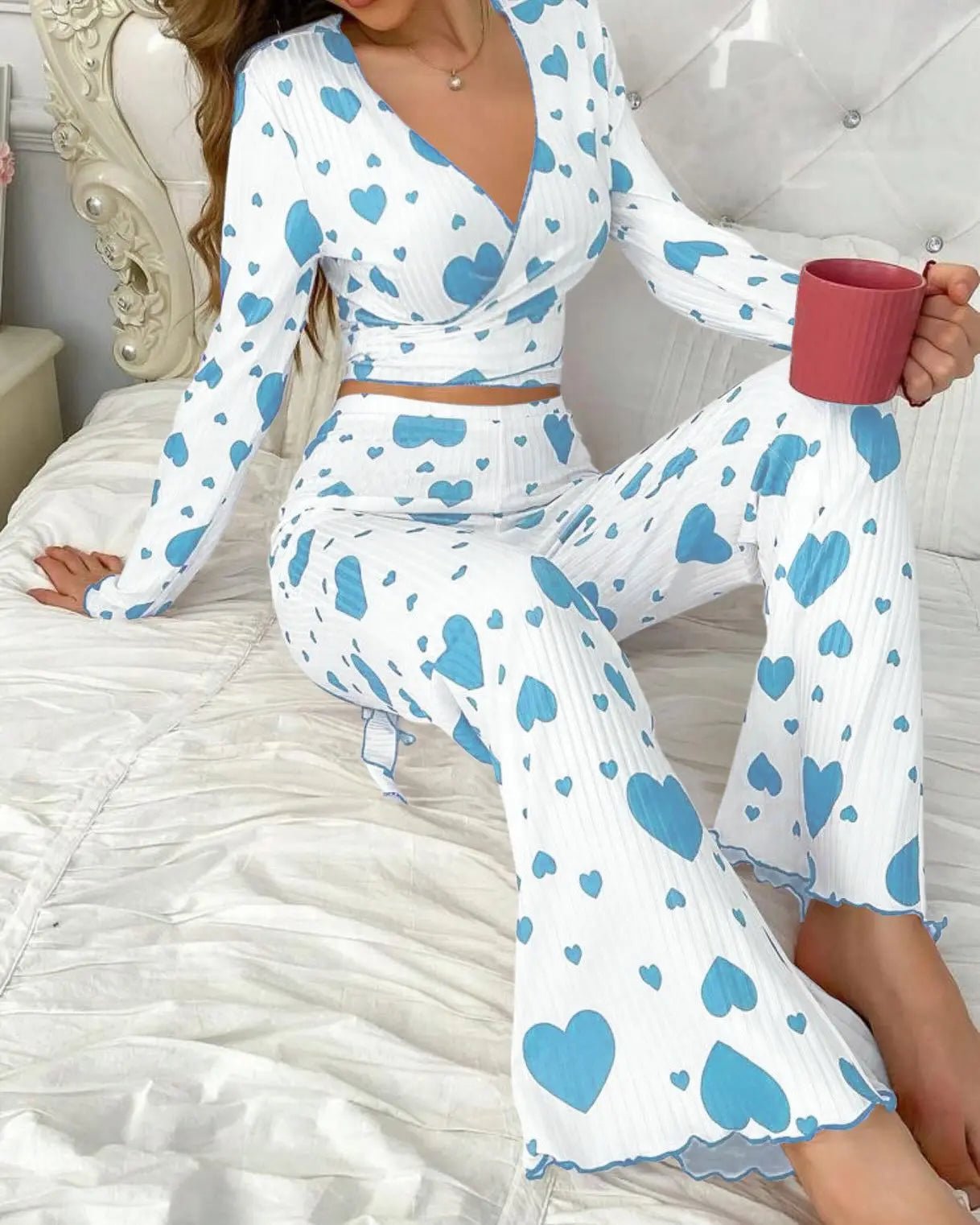 New Sexy Loungewear Set Heart Print Long - Sleeved Long Pants Pajamas Loungewear Can Be Worn Outside - Zeprah