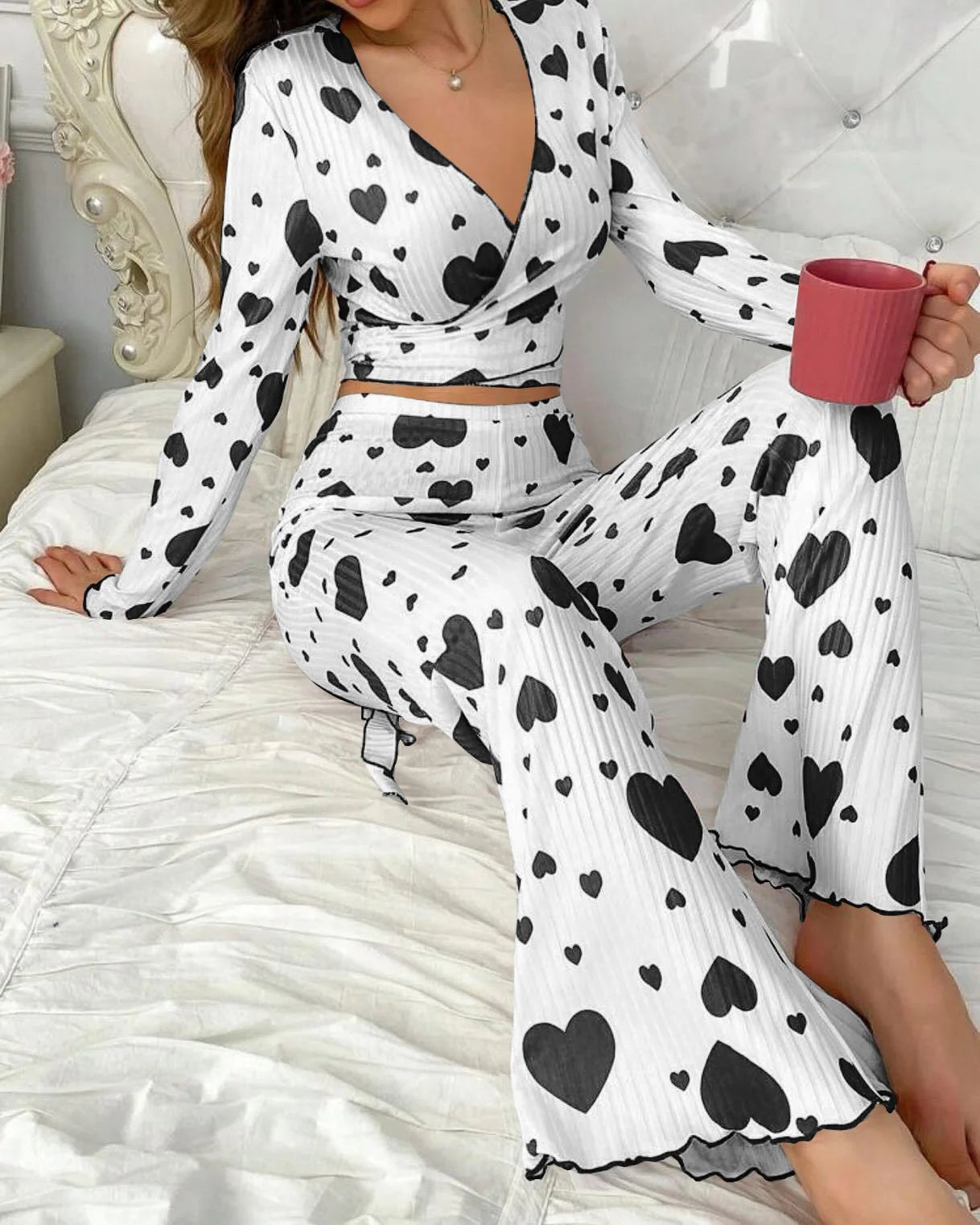 New Sexy Loungewear Set Heart Print Long - Sleeved Long Pants Pajamas Loungewear Can Be Worn Outside - Zeprah