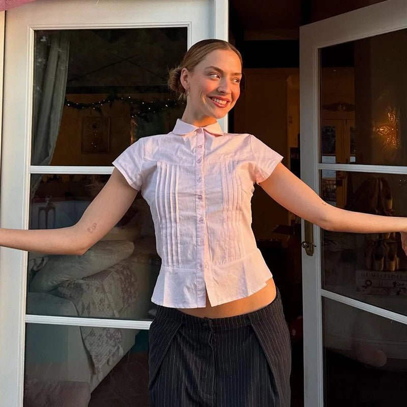 New Solid Button Eco - Friendly Breathable Schoolgirl Style Sweet Summer Blouse Women Accordion Pleated Short Sleeve Shirt - Zeprah
