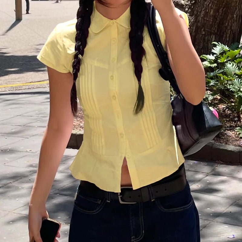 New Solid Button Eco - Friendly Breathable Schoolgirl Style Sweet Summer Blouse Women Accordion Pleated Short Sleeve Shirt - Zeprah