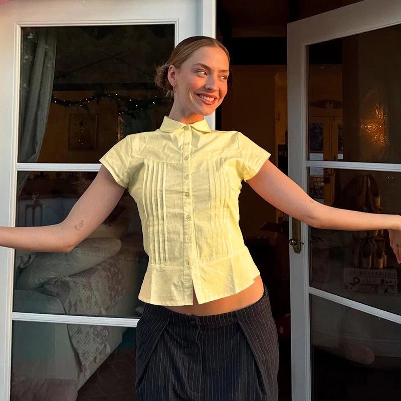 New Solid Button Eco - Friendly Breathable Schoolgirl Style Sweet Summer Blouse Women Accordion Pleated Short Sleeve Shirt - Zeprah