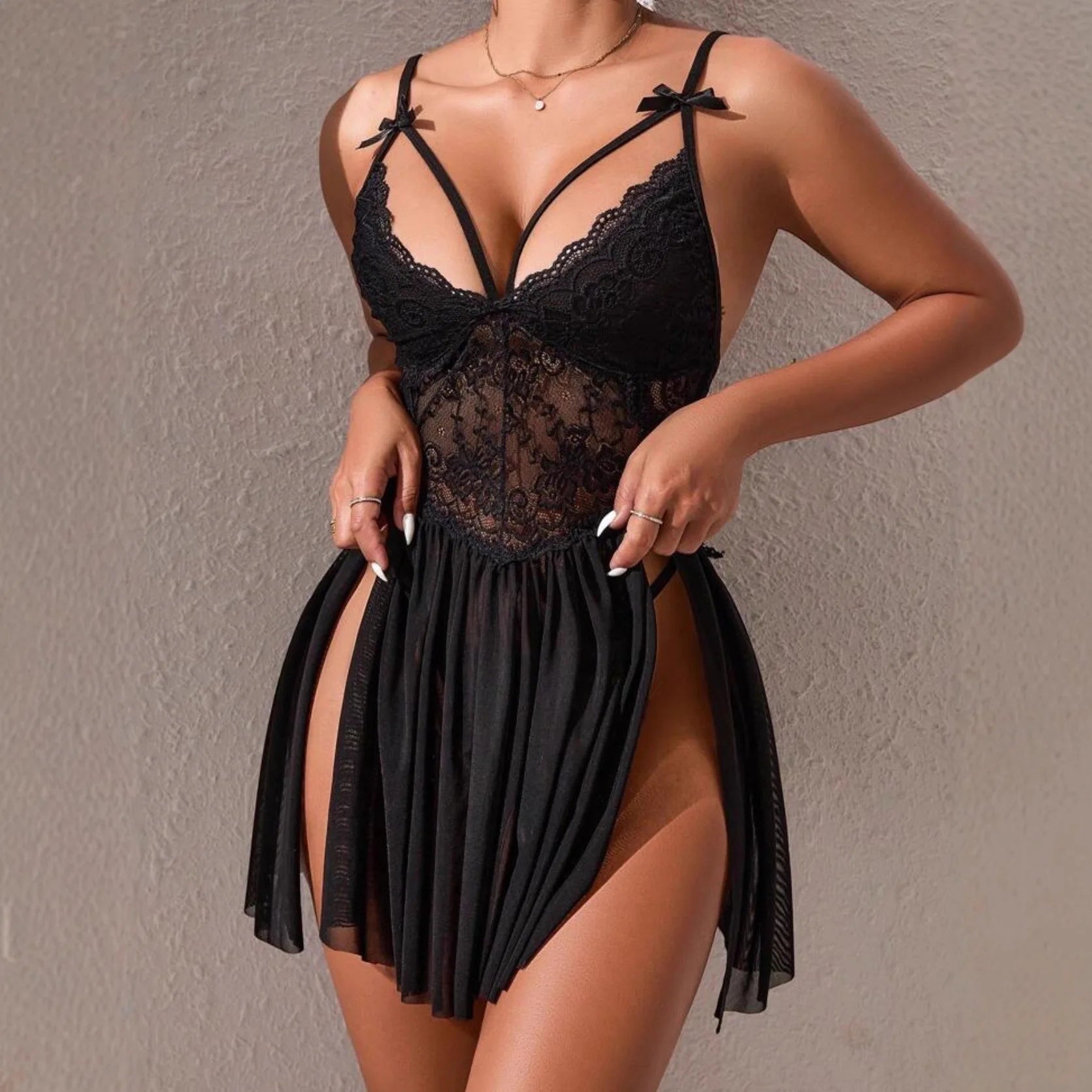 New Style Sexy Off - the - Shoulder Home Lace Straps Trim Nightgown Slit Dress - Zeprah