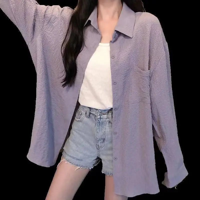New Style Solid Pattern Sun Protection Jacket for Women Casual Loose Top Shirt Button Decoration Summer Thin Design - Zeprah