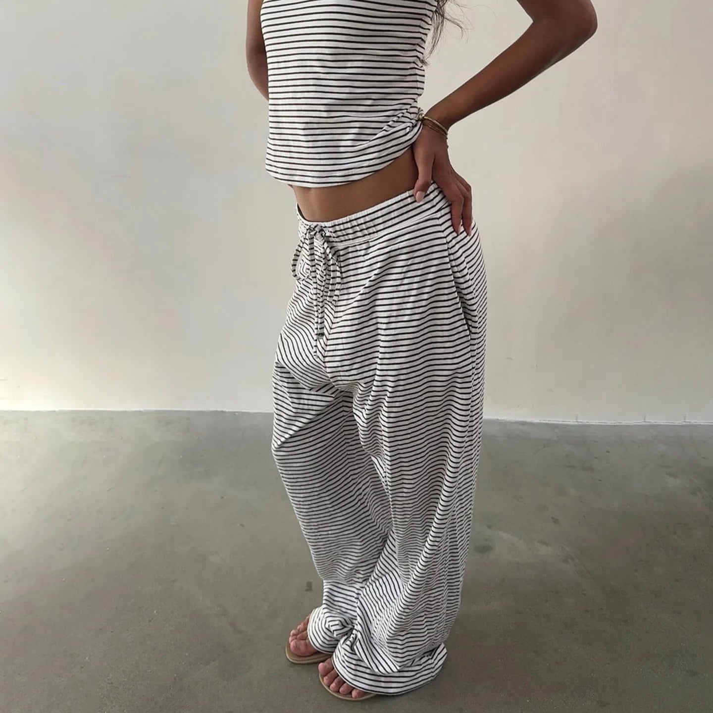 New Summer Casual Knitting Sleepwear Set for Women Short Striped Sleeveless Vest Lace - up Skinny Fit Pants 2 - Piece - Zeprah
