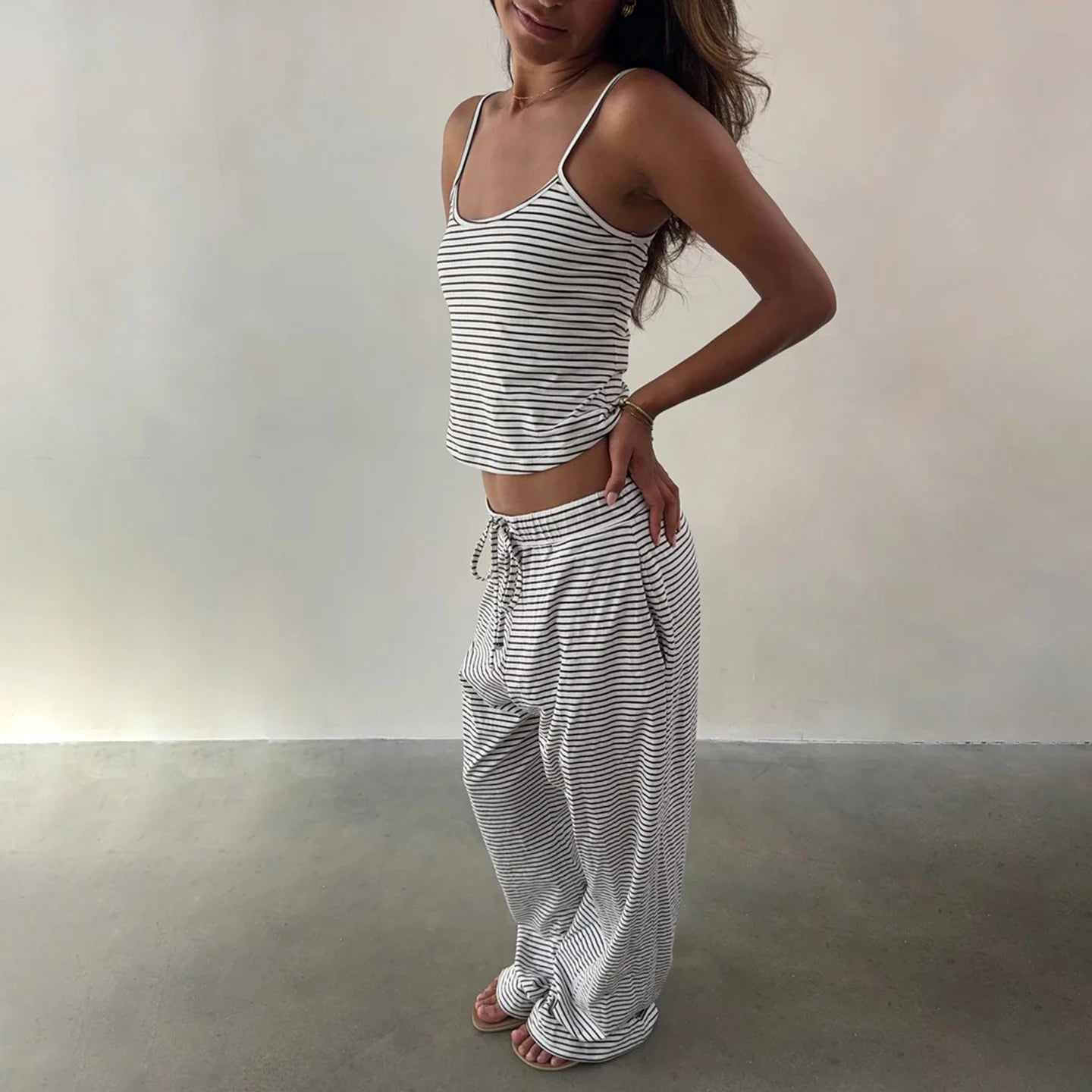 New Summer Casual Knitting Sleepwear Set for Women Short Striped Sleeveless Vest Lace - up Skinny Fit Pants 2 - Piece - Zeprah